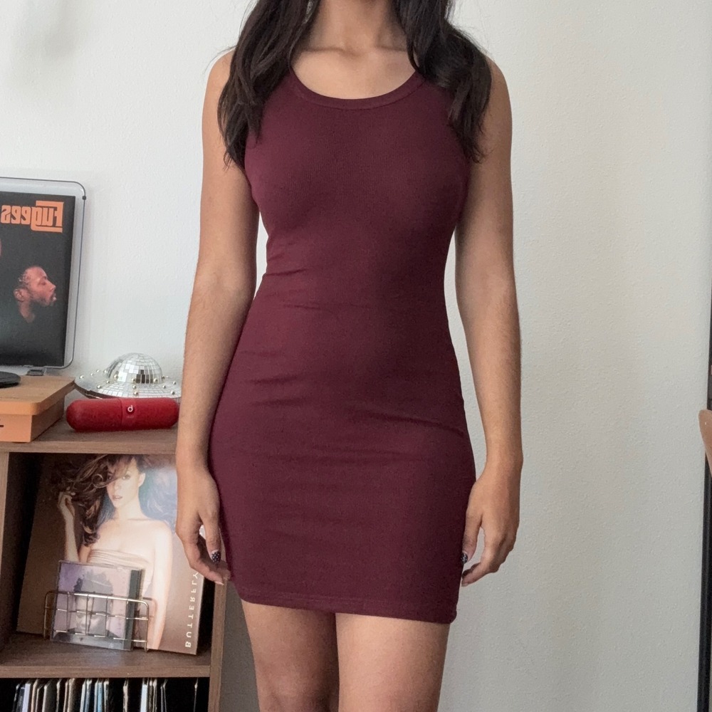 Burgundy Ribbed Bodycon Mini Dress Sleeveless Scoop Neck Cotton Blend Small